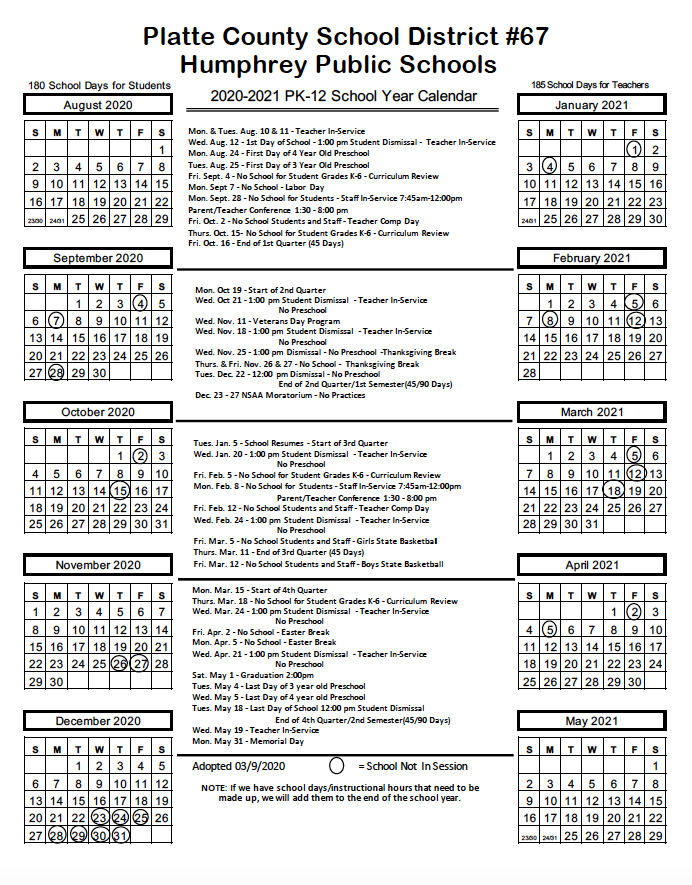 Humphrey Public Schools - School Year Long Calendars